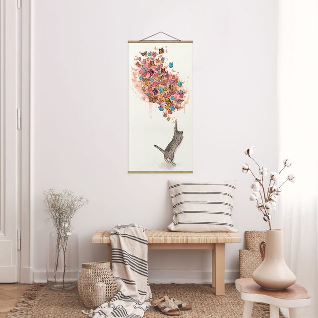 Stoffen schilderij met posterlijst Illustration Cat With Colourful Butterflies Painting