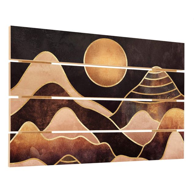 Houten schilderijen op plank Golden Sun Abstract Mountains