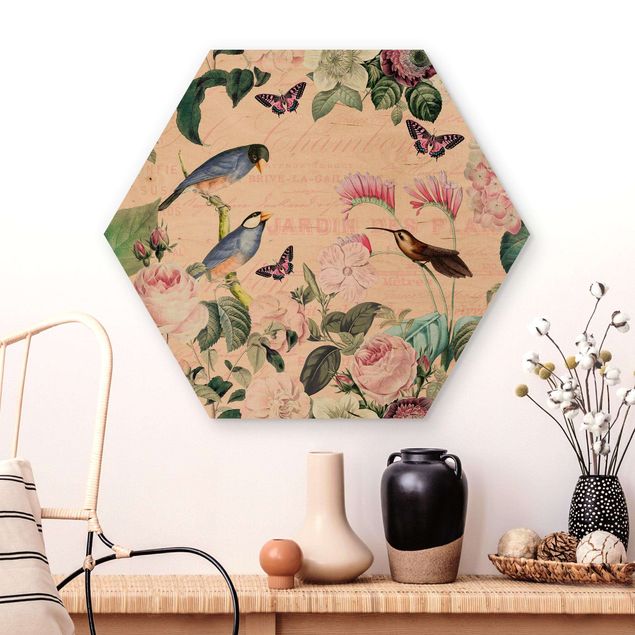 Hexagons houten schilderijen Vintage Collage - Roses And Birds