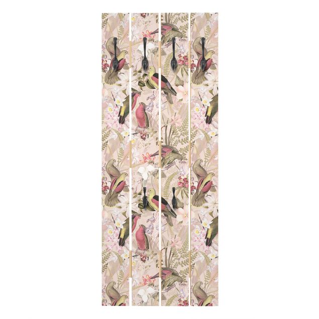 Wandkapstokken houten pallet Pink Pastel Birds With Flowers