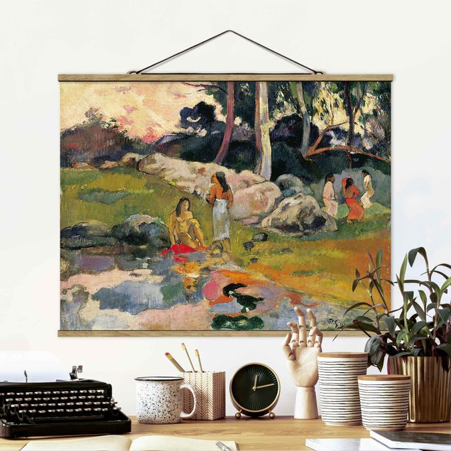 Stoffen schilderij met posterlijst Paul Gauguin - Women At The Banks Of River