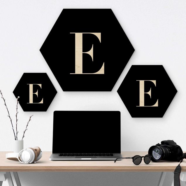 Hexagons houten schilderijen Letter Serif Black E