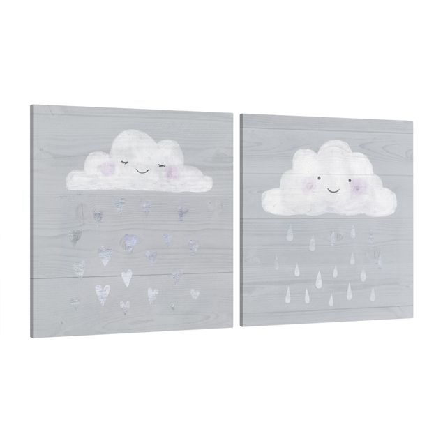Canvas schilderijen - 2-delig  Clouds With Silver Hearts And Drops Set I