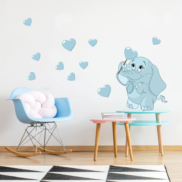 Muurstickers liefde Baby Elephant With Blue Hearts