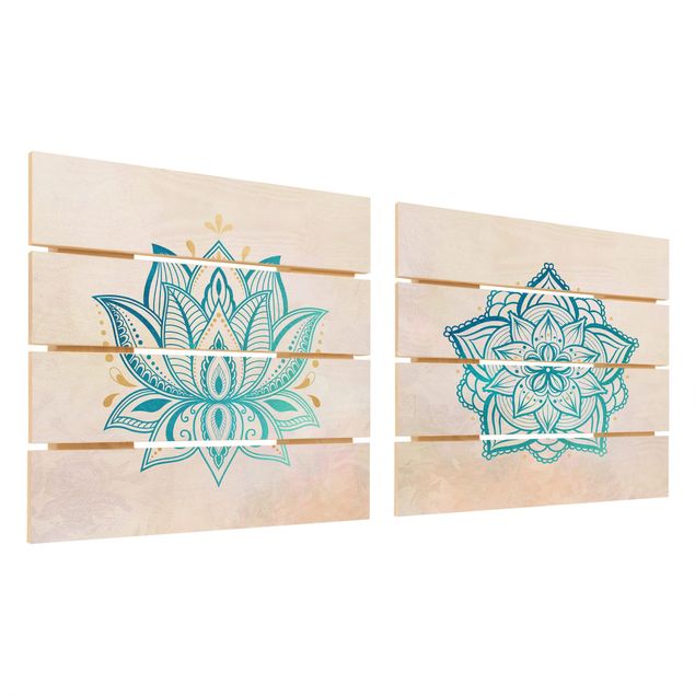 Houten schilderijen op plank - 2-delig Mandala Hamsa Hand Lotus Set Gold Blue
