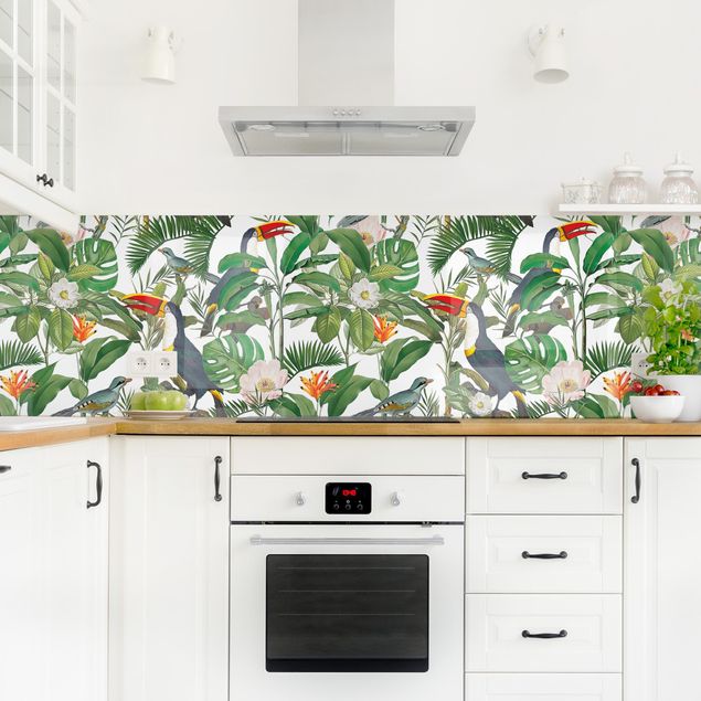 Achterwand voor keuken dieren Tropical Toucan With Monstera And Palm Leaves