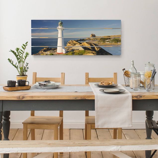 Houten schilderijen op plank Castle Point Lighthouse New Zealand