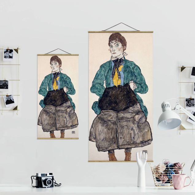 Stoffen schilderij met posterlijst Egon Schiele - Woman In Green Blouse With Muff