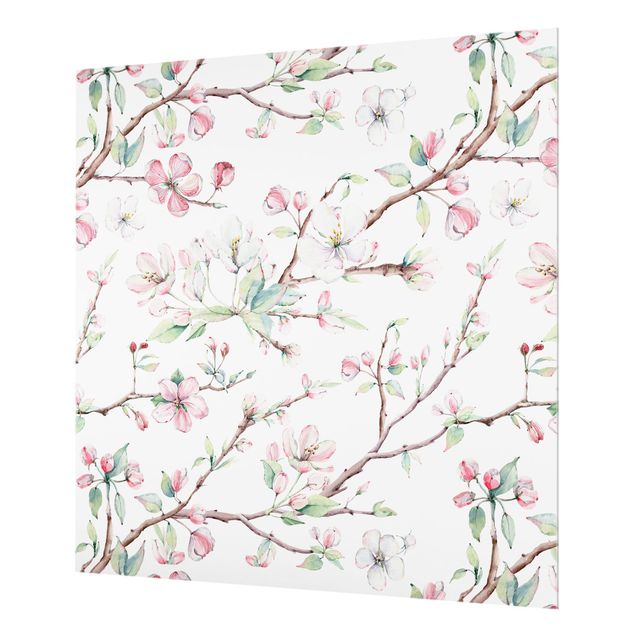 Spatscherm keuken Watercolour Branches Of Apple Blossom In Light Pink And White