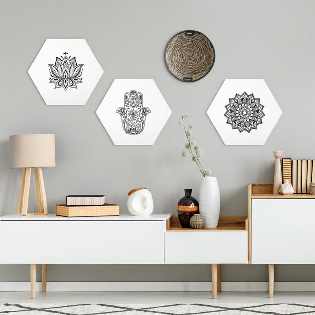 Hexagons Forex schilderijen - 3-delig Mandala Hamsa Hand Lotus Set On White