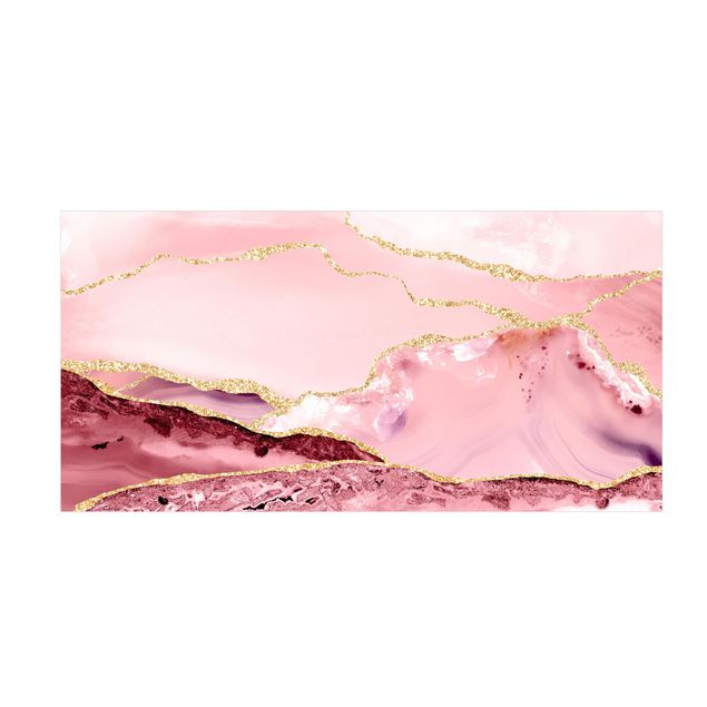 Vloerkleed eetkamer Abstract Mountains Pink With Golden Lines