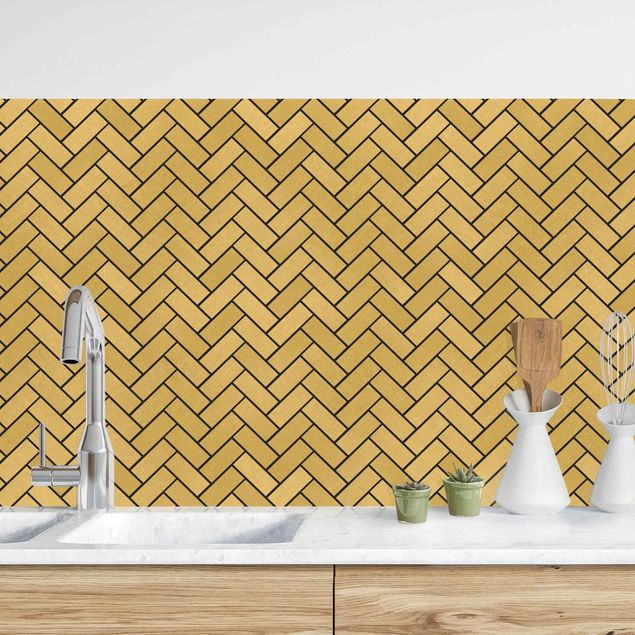 Achterwand voor keuken tegelmotief Fish Bone Tiles - Golden Look Black Joints