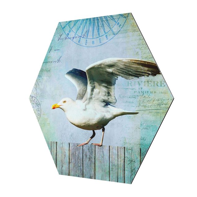 Hexagons Aluminium Dibond schilderijen Vintage Collage - Seagull On Wooden Planks