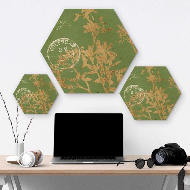 Hexagons houten schilderijen Golden Leaves On Lind II