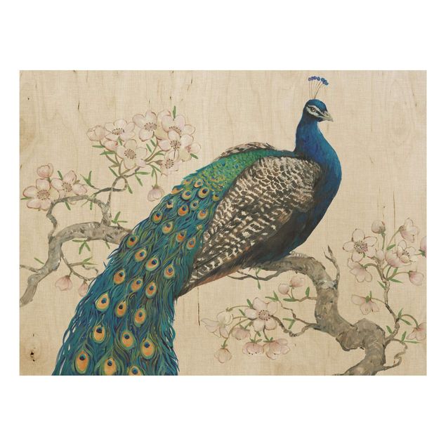 Houten schilderijen Vintage Peacock With Cherry Blossoms