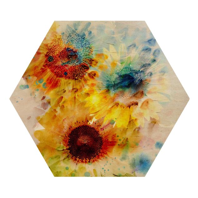 Hexagons houten schilderijen Watercolour Flowers Sunflowers