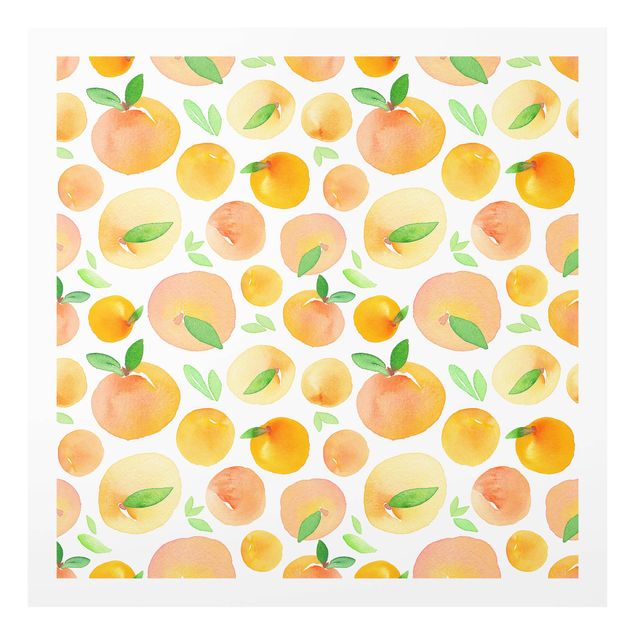 Spatscherm keuken Watercolour Oranges With Leaves In White Frame