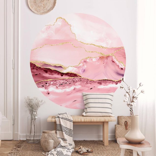 Behangcirkel Abstract Mountains Pink With Golden Lines