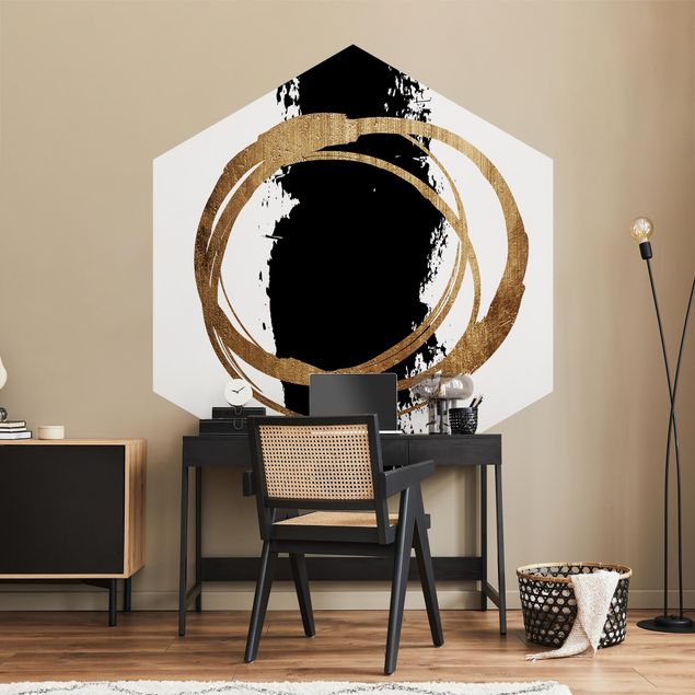 Hexagon Behang Abstract Shapes - Gold And Black