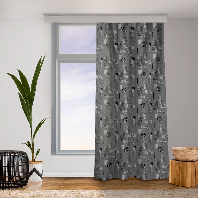 moderne gordijnen grote ramen Abstract Pattern With Palm Leaves - Grey