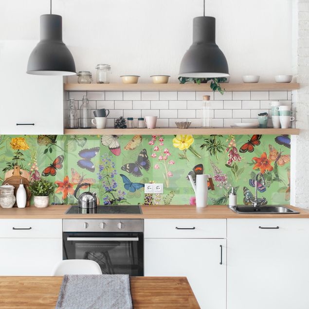 Achterwand voor keuken dieren Butterflies With Flowers On Green