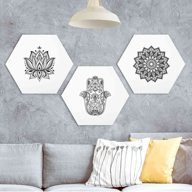 Hexagons Forex schilderijen - 3-delig Mandala Hamsa Hand Lotus Set On White