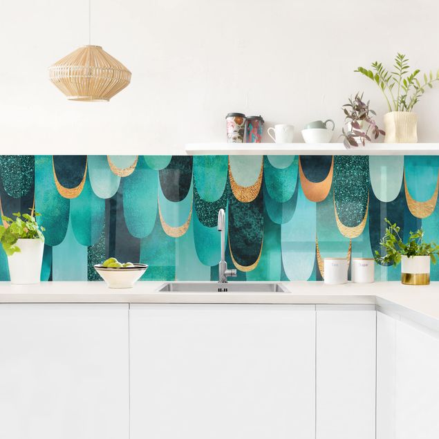 Achterwand voor keuken abstract Feathers Gold Turquoise
