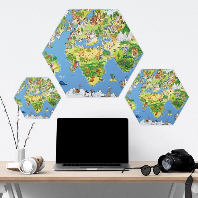 Hexagons Aluminium Dibond schilderijen Great and Funny Worldmap