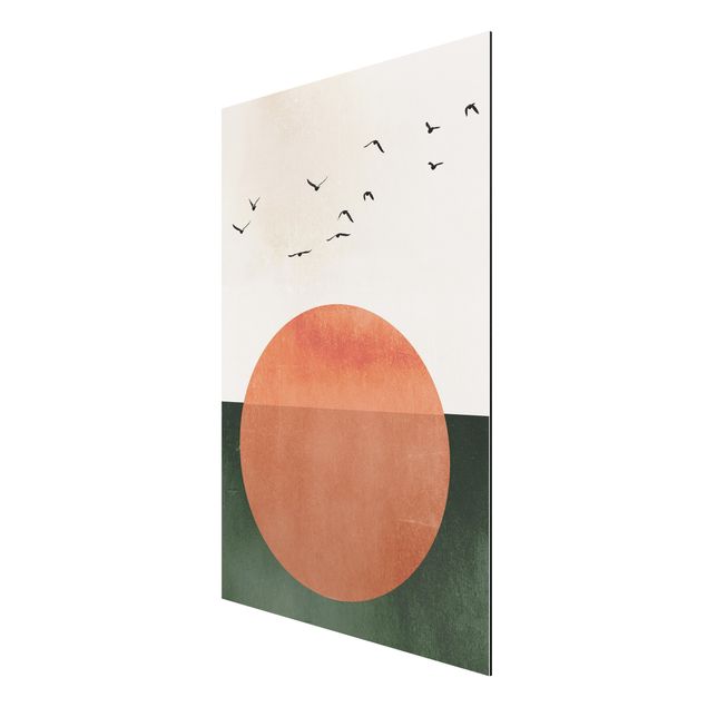 Aluminium Dibond schilderijen Flock Of Birds In Front Of Rising Sun