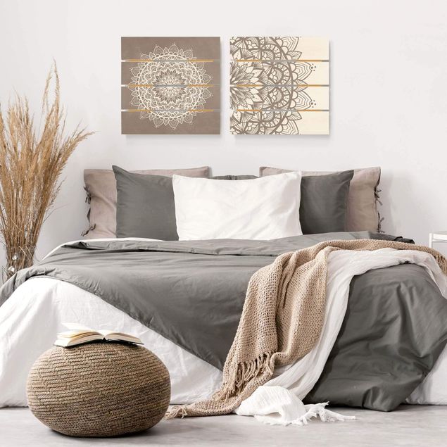 Houten schilderijen op plank - 2-delig Mandala Illustration Shabby Set Beige White