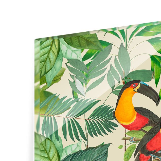 Spatscherm keuken Vintage Collage - Vögel im Dschungel