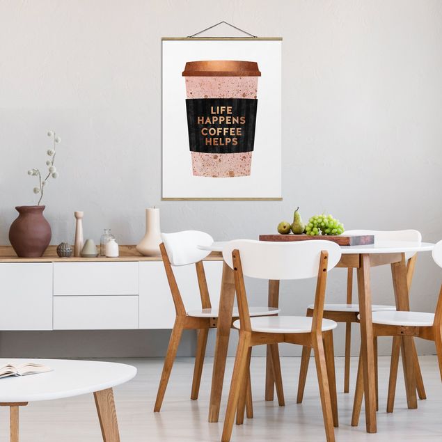Stoffen schilderij met posterlijst Life Happens Coffee Helps Gold