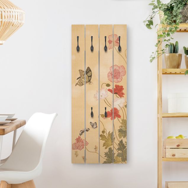 Wandkapstokken houten pallet Yuanyu Ma - Poppy Flower And Butterfly
