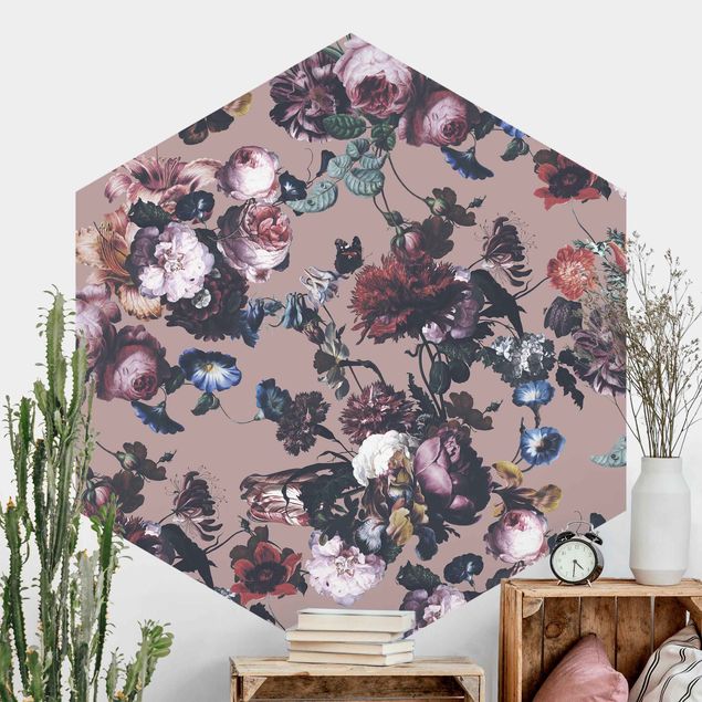 Hexagon Behang Old Masters Flowers With Tulips And Roses On Beige