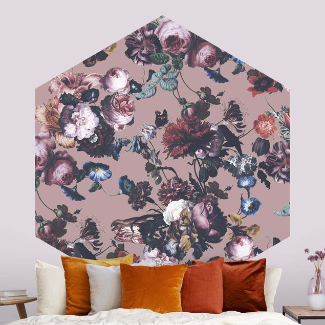Hexagon Behang Old Masters Flowers With Tulips And Roses On Beige