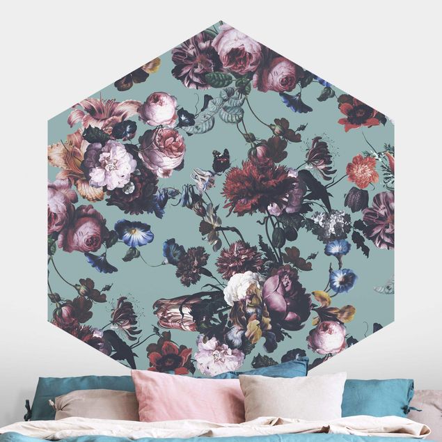 Hexagon Behang Old Masters Flowers With Tulips And Roses On Blue