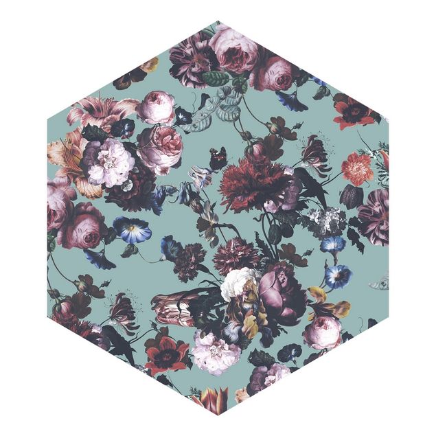 Hexagon Behang Old Masters Flowers With Tulips And Roses On Blue