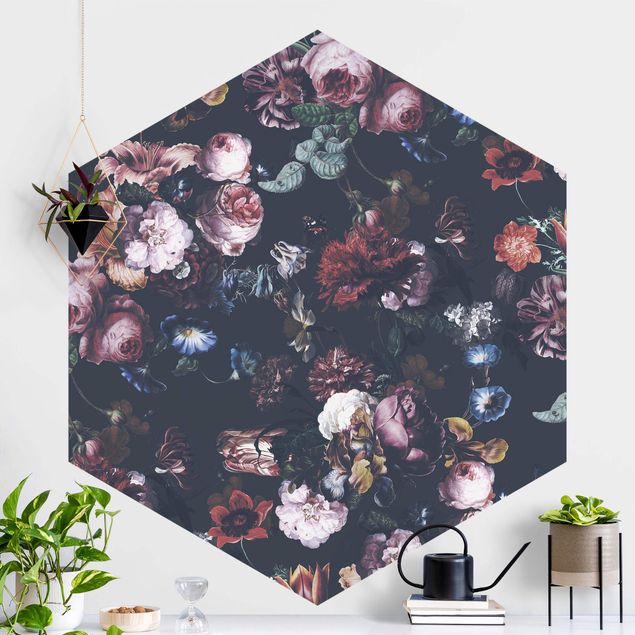 Hexagon Behang Old Masters Flowers With Tulips And Roses On Dark Gray