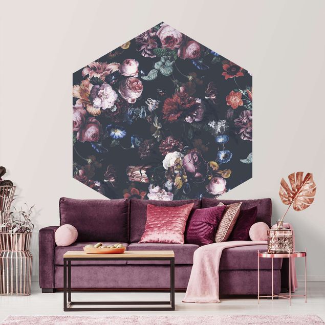 Hexagon Behang Old Masters Flowers With Tulips And Roses On Dark Gray