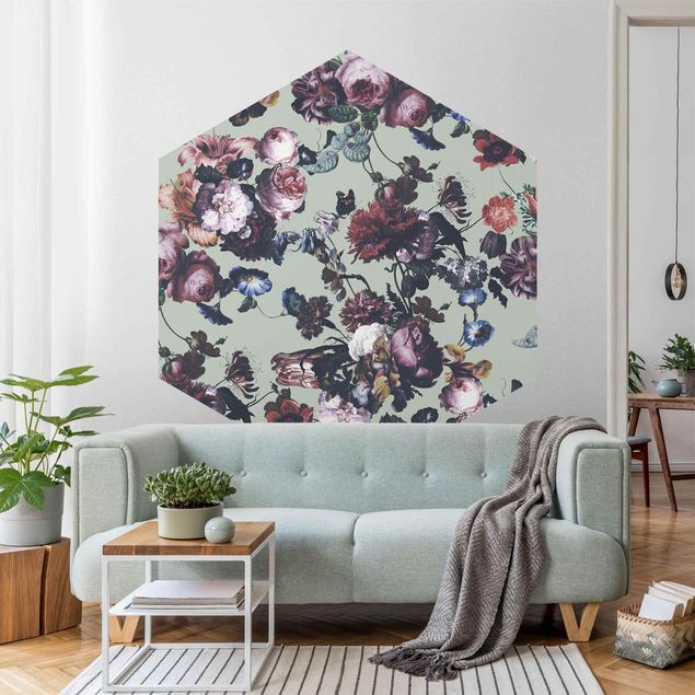 Hexagon Behang Old Masters Flowers With Tulips And Roses On Green