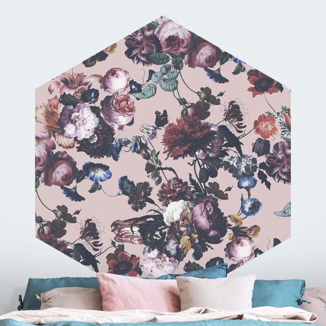 Hexagon Behang Old Masters Flowers With Tulips And Roses On Pink