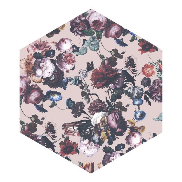 Hexagon Behang Old Masters Flowers With Tulips And Roses On Pink