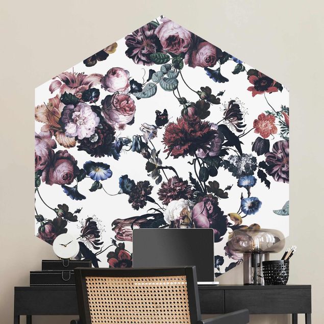 Hexagon Behang Old Masters Flowers With Tulips And Roses On White