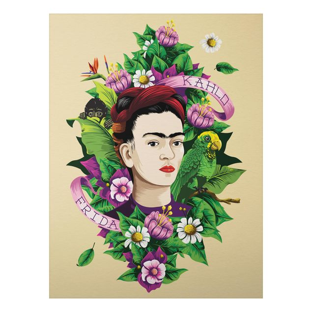 Aluminium Dibond schilderijen Frida Kahlo - Frida, Monkey And Parrot