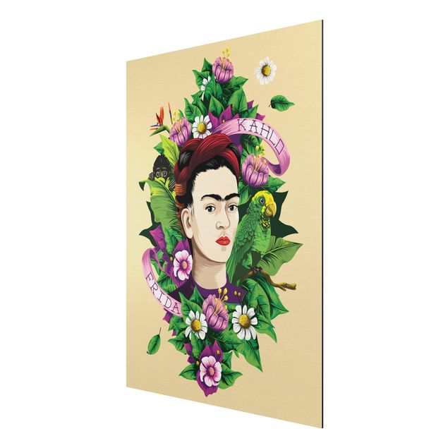 Aluminium Dibond schilderijen Frida Kahlo - Frida, Monkey And Parrot