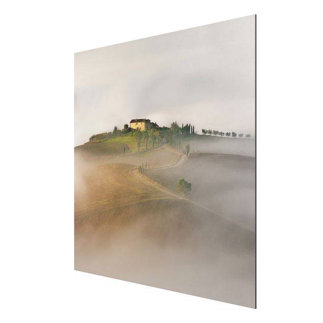 Aluminium Dibond schilderijen Morning Fog In The Tuscany