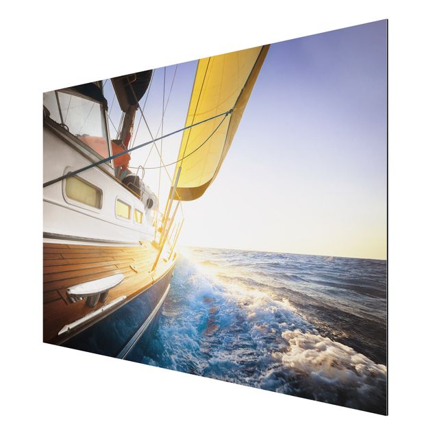 Aluminium Dibond schilderijen Sailboat On Blue Ocean In Sunshine