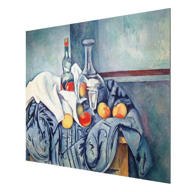 Aluminium Dibond schilderijen Paul Cézanne - Still Life With Peaches And Bottles