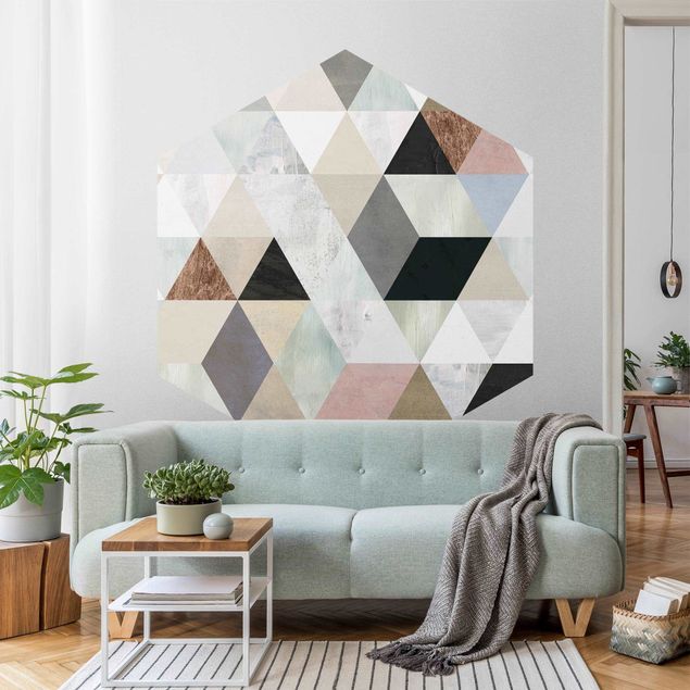 Hexagon Behang Watercolour Mosaic With Triangles I