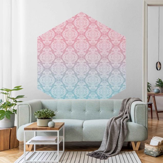 Hexagon Behang Watercolour Baroque Pattern With Blue Pink Gradient